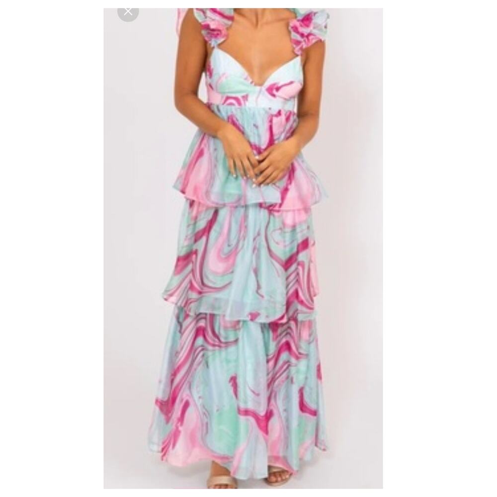 NWT Karlie Sz. L Aqua Multi Swirl Organza  Tiered Maxi Dress $159